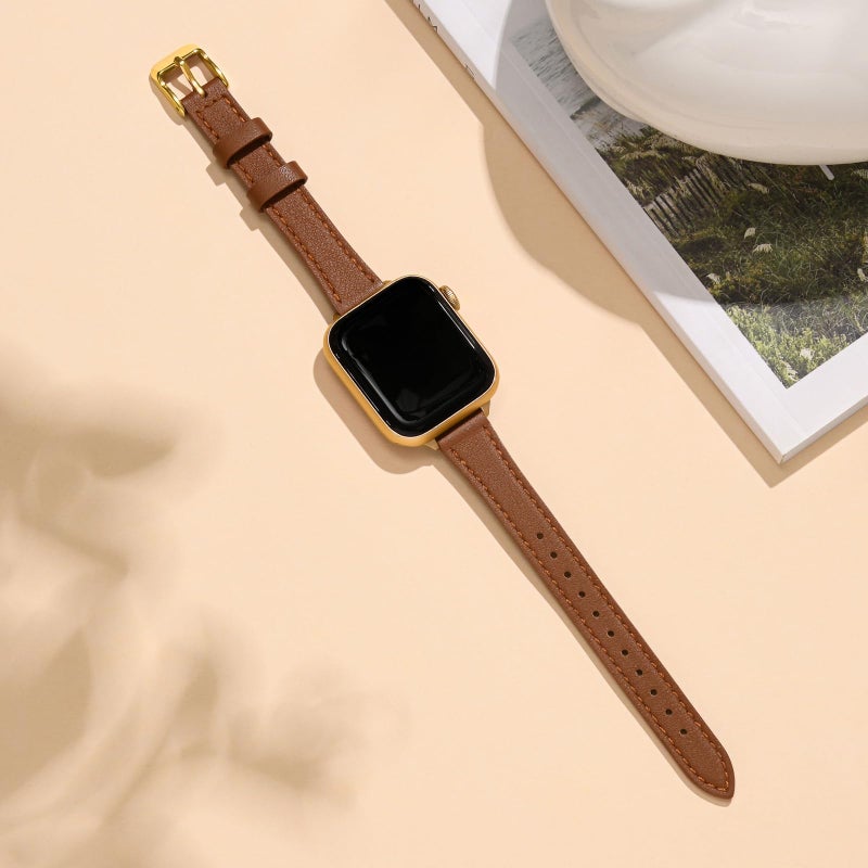 STIROLL Slim Leather Bands Compatible with Apple Watch Band 38mm 40mm 41mm 42mm(Series 11 10), Top Grain Leather Watch Thin Wristband for iWatch SE 9 8 7 6 5 4 3 2 1 (Brown Gold) - Image 4